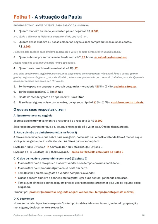 Folha 1 do Caderno das 5 Folhas preenchida com o exemplo ilustrativo da Paula