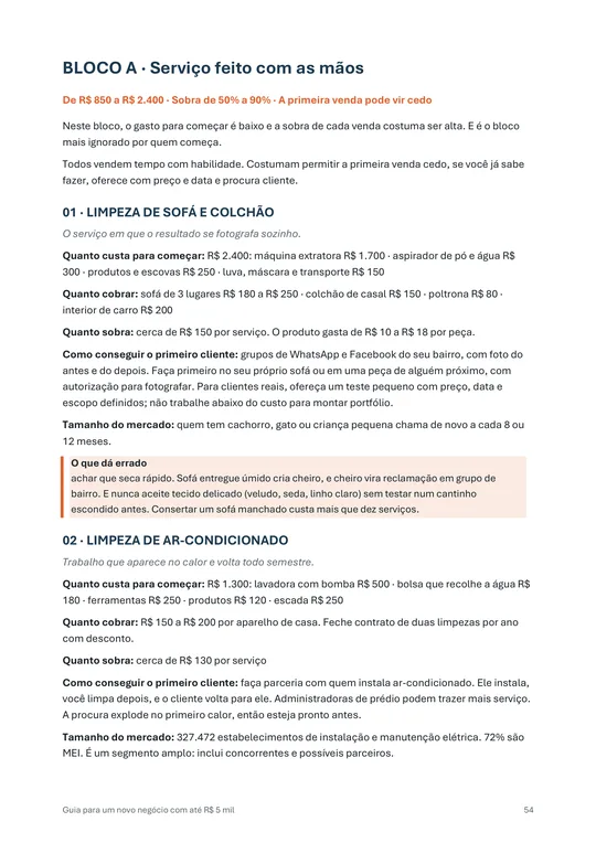 Página do e-book com uma ficha completa: custo item por item, sugestão de preço e o que costuma dar errado