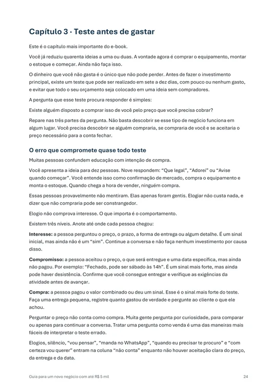 Página do e-book com o teste das dez ofertas e os níveis interesse, compromisso e compra