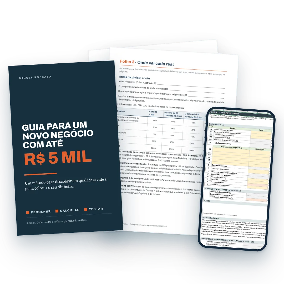 E-book, Caderno das 5 Folhas aberto na Folha 3 e celular com a planilha de análise