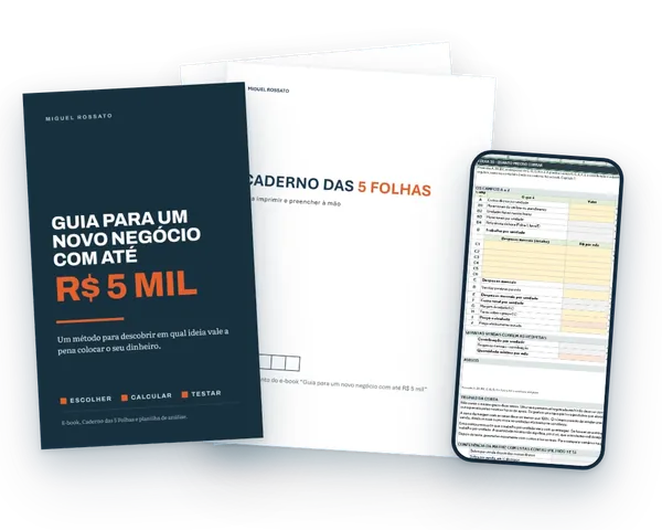 E-book, Caderno das 5 Folhas e celular com a planilha de análise